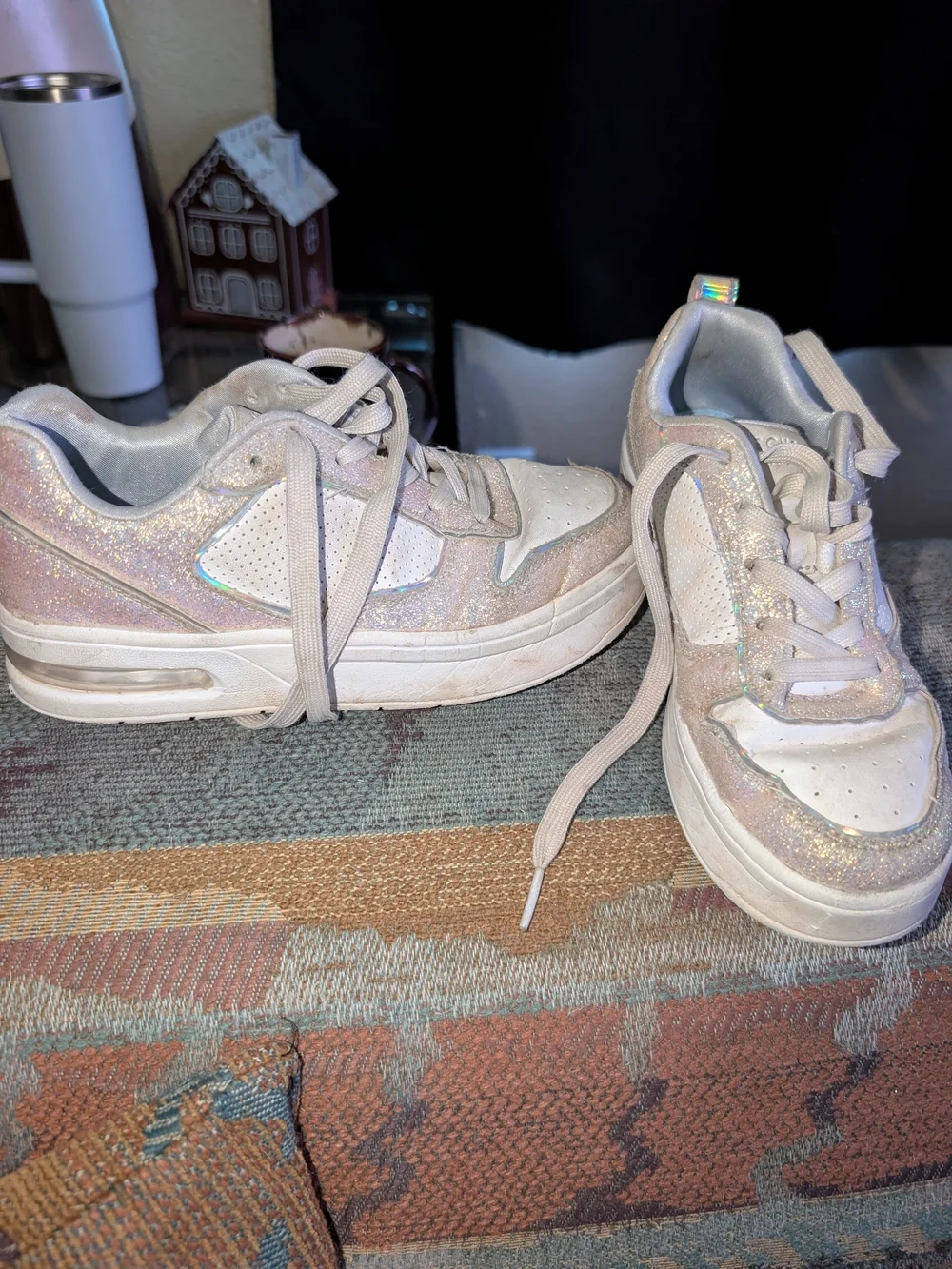 Kids Glitter Lace-Up Sneakers in Iridescent White